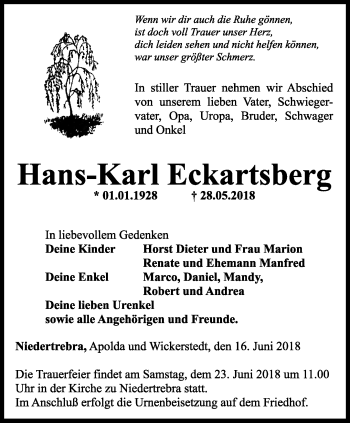 Traueranzeige von Hans-Karl Eckartsberg von Thüringer Allgemeine, Thüringische Landeszeitung