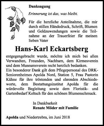 Traueranzeige von Hans-Karl Eckartsberg von Thüringer Allgemeine, Thüringische Landeszeitung