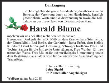 Traueranzeige von Harald Blume von Thüringer Allgemeine