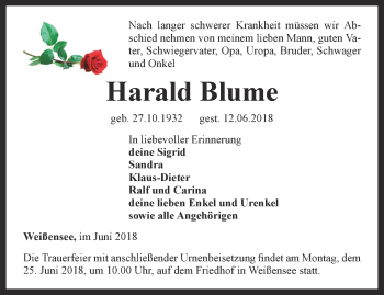 Traueranzeige von Harald Blume von Thüringer Allgemeine