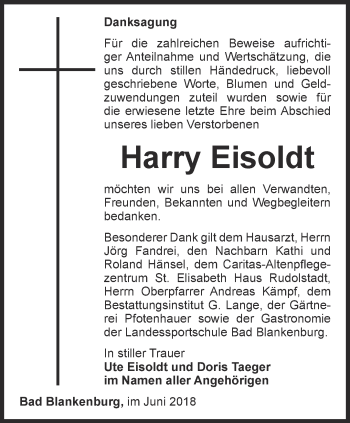 Traueranzeige von Harry Eisoldt von Ostthüringer Zeitung