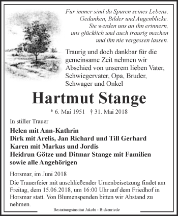 Traueranzeige von Hartmut Stange von Thüringer Allgemeine, Thüringische Landeszeitung