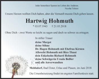 Traueranzeige von Hartwig Hohmuth von Ostthüringer Zeitung