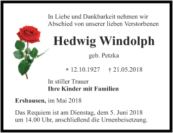 Traueranzeige von Hedwig Windolph von Thüringer Allgemeine