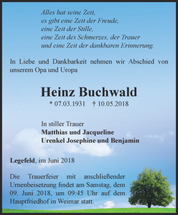 Traueranzeige von Heinz Buchwald von Thüringer Allgemeine, Thüringische Landeszeitung