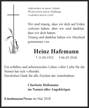 Traueranzeige von Heinz Hafemann von Thüringer Allgemeine, Thüringische Landeszeitung