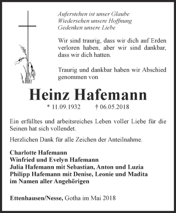 Traueranzeige von Heinz Hafemann von Ostthüringer Zeitung, Thüringische Landeszeitung