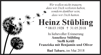 Traueranzeige von Heinz Stübling von Ostthüringer Zeitung, Thüringische Landeszeitung