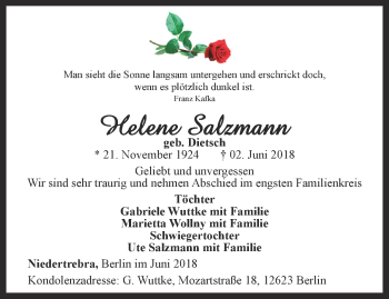 Traueranzeige von Helene Salzmann von Thüringer Allgemeine, Thüringische Landeszeitung