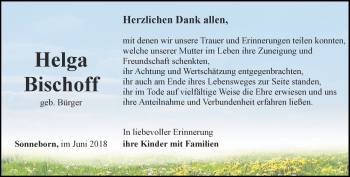 Traueranzeige von Helga Bischoff von Ostthüringer Zeitung, Thüringische Landeszeitung