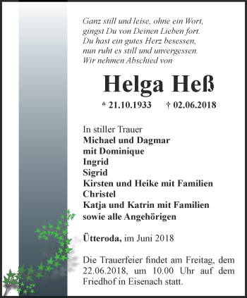 Traueranzeige von Helga Heß von Thüringer Allgemeine, Thüringische Landeszeitung