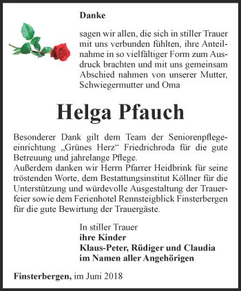 Traueranzeige von Helga Pfauch von Ostthüringer Zeitung, Thüringische Landeszeitung