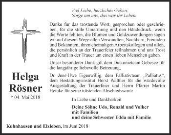 Traueranzeige von Helga Rösner von Thüringer Allgemeine, Thüringische Landeszeitung