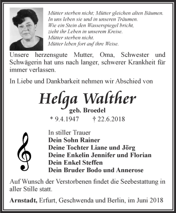 Traueranzeige von Helga Walther von Thüringer Allgemeine