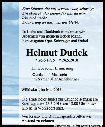 Traueranzeige von Helmut Dudek von Ostthüringer Zeitung