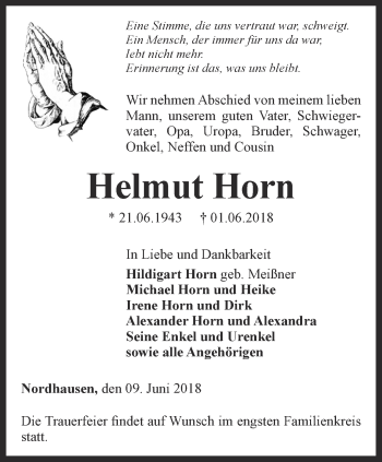 Traueranzeige von Helmut Horn  von Thüringer Allgemeine