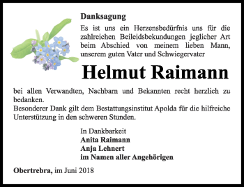 Traueranzeige von Helmut Raimann von Thüringer Allgemeine, Thüringische Landeszeitung