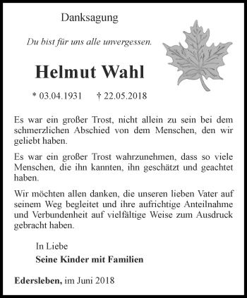 Traueranzeige von Helmut Wahl von Thüringer Allgemeine