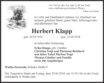 Traueranzeige von Herbert Klapp von Thüringer Allgemeine, Thüringische Landeszeitung