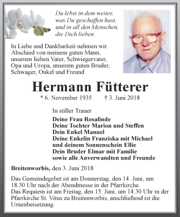 Traueranzeige von Hermann Fütterer von Thüringer Allgemeine