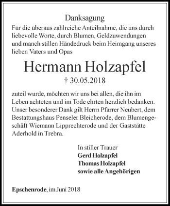 Traueranzeige von Hermann Holzapfel von Thüringer Allgemeine
