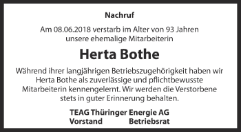 Traueranzeige von Herta Bothe von Thüringer Allgemeine, Thüringische Landeszeitung