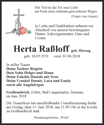 Traueranzeige von Herta Raßloff von Thüringer Allgemeine