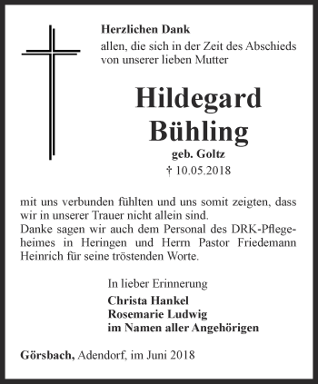 Traueranzeige von Hildegard Bühling von Thüringer Allgemeine