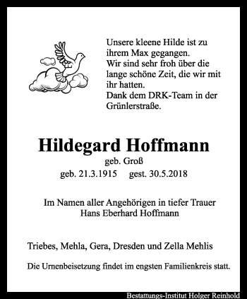 Traueranzeige von Hildegard Hoffmann von Ostthüringer Zeitung