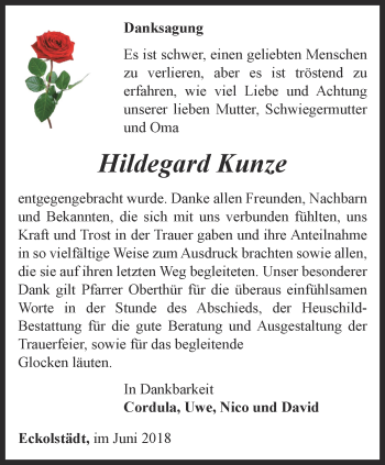 Traueranzeige von Hildegard Kunze von Thüringer Allgemeine, Thüringische Landeszeitung