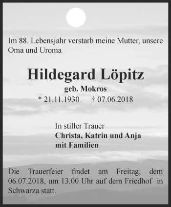 Traueranzeige von Hildegard Löpitz von Ostthüringer Zeitung