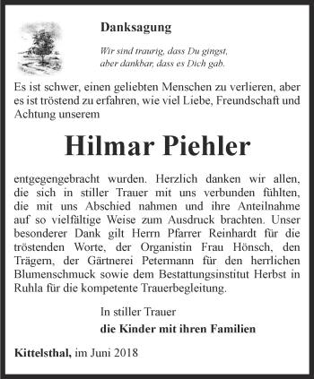 Traueranzeige von Hilmar Piehler von Thüringer Allgemeine, Thüringische Landeszeitung