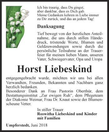 Traueranzeige von Horst Liebeskind von Thüringer Allgemeine, Thüringische Landeszeitung