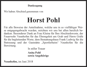 Traueranzeige von Horst Pohl von Ostthüringer Zeitung