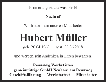 Traueranzeige von Hubert Müller von Ostthüringer Zeitung