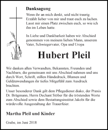 Traueranzeige von Hubert Pleil von Thüringer Allgemeine, Thüringische Landeszeitung