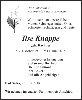 Traueranzeige von Ilse Knappe von Thüringer Allgemeine, Thüringische Landeszeitung