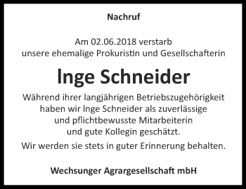 Traueranzeige von Inge Schneider von Thüringer Allgemeine