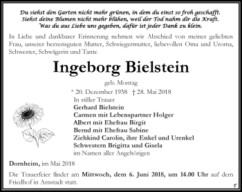 Traueranzeige von Ingeborg Bielstein von Thüringer Allgemeine