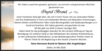 Traueranzeige von Ingrid Brand von Ostthüringer Zeitung, Thüringische Landeszeitung