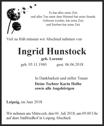 Traueranzeige von Ingrid Hunstock von Thüringer Allgemeine, Thüringische Landeszeitung