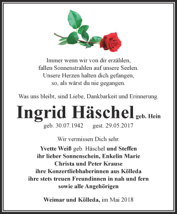 Traueranzeige von Ingrid Häschel von Thüringer Allgemeine