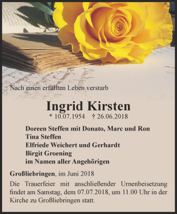 Traueranzeige von Ingrid Kirsten von Thüringer Allgemeine