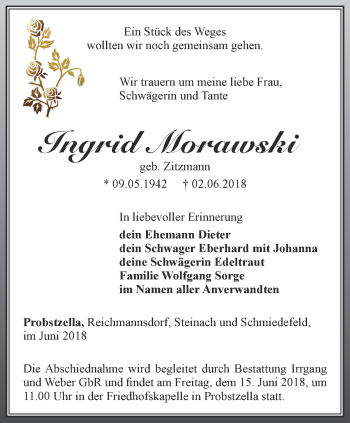 Traueranzeige von Ingrid Morawski von Ostthüringer Zeitung