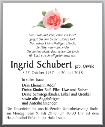 Traueranzeige von Ingrid Schubert von Thüringer Allgemeine, Thüringische Landeszeitung