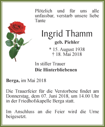 Traueranzeige von Ingrid Thamm von Ostthüringer Zeitung
