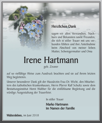 Traueranzeige von Irene Hartmann von Thüringer Allgemeine, Thüringische Landeszeitung