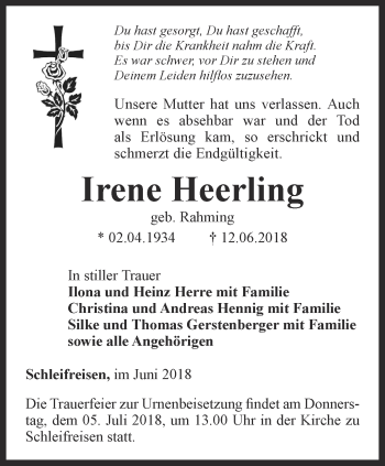 Traueranzeige von Irene Heerling von Ostthüringer Zeitung