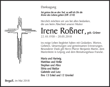 Traueranzeige von Irene Roßner von Ostthüringer Zeitung