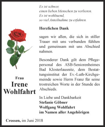 Traueranzeige von Irene Wohlfahrt von Ostthüringer Zeitung